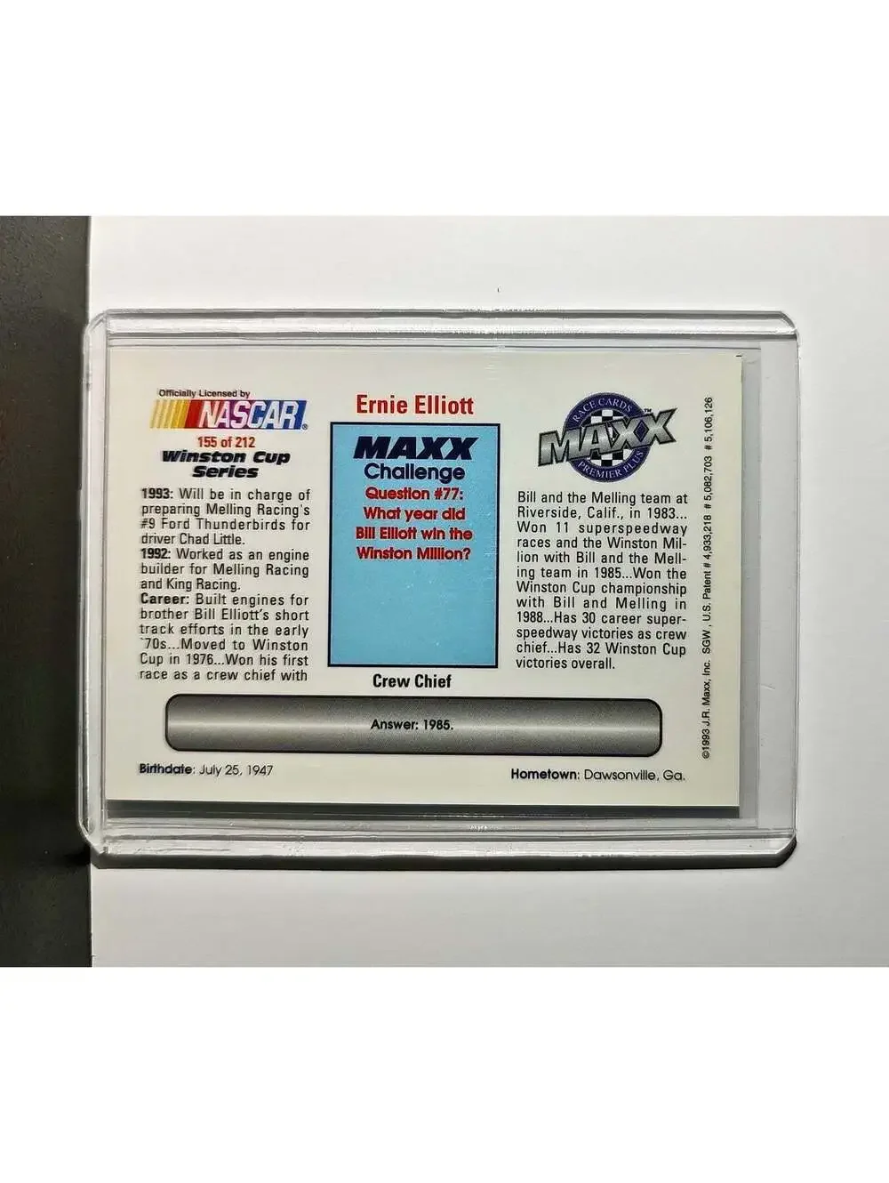 Ernie Elliott 1993 Maxx Premier Plus Racing #155 NASCAR Card Melling Racing